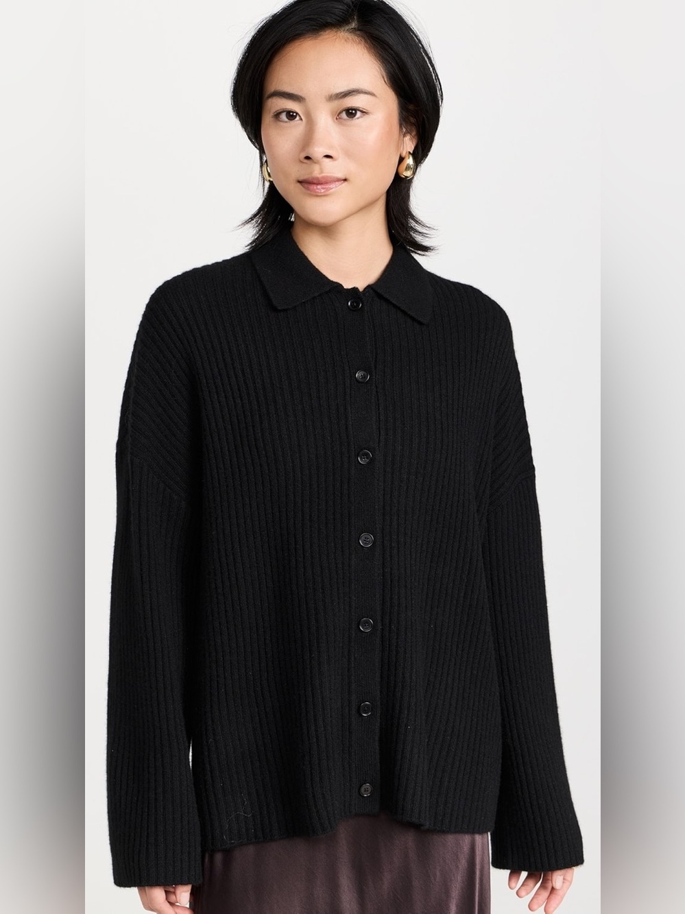 Reformation Fantino Cashmere Black Ribbed Button-Front Cardigan